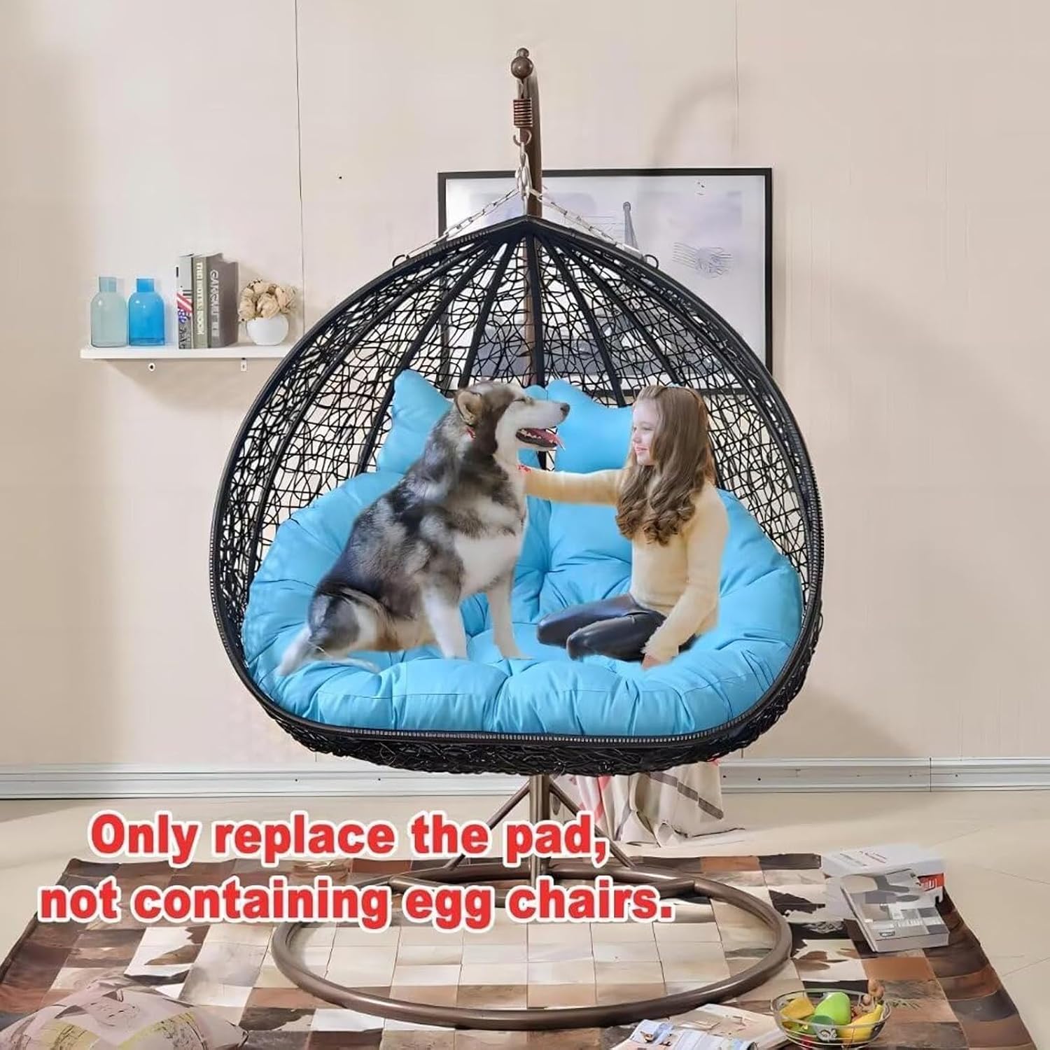 Double Egg Chair Cushion, 2 Seater Egg Chair Swing Cushion Outdoor, Washable and Waterproof Hanging Egg Chair Cushions Replacement, Large Single Chair Pads Nest Shaped Seat Cushions(J)