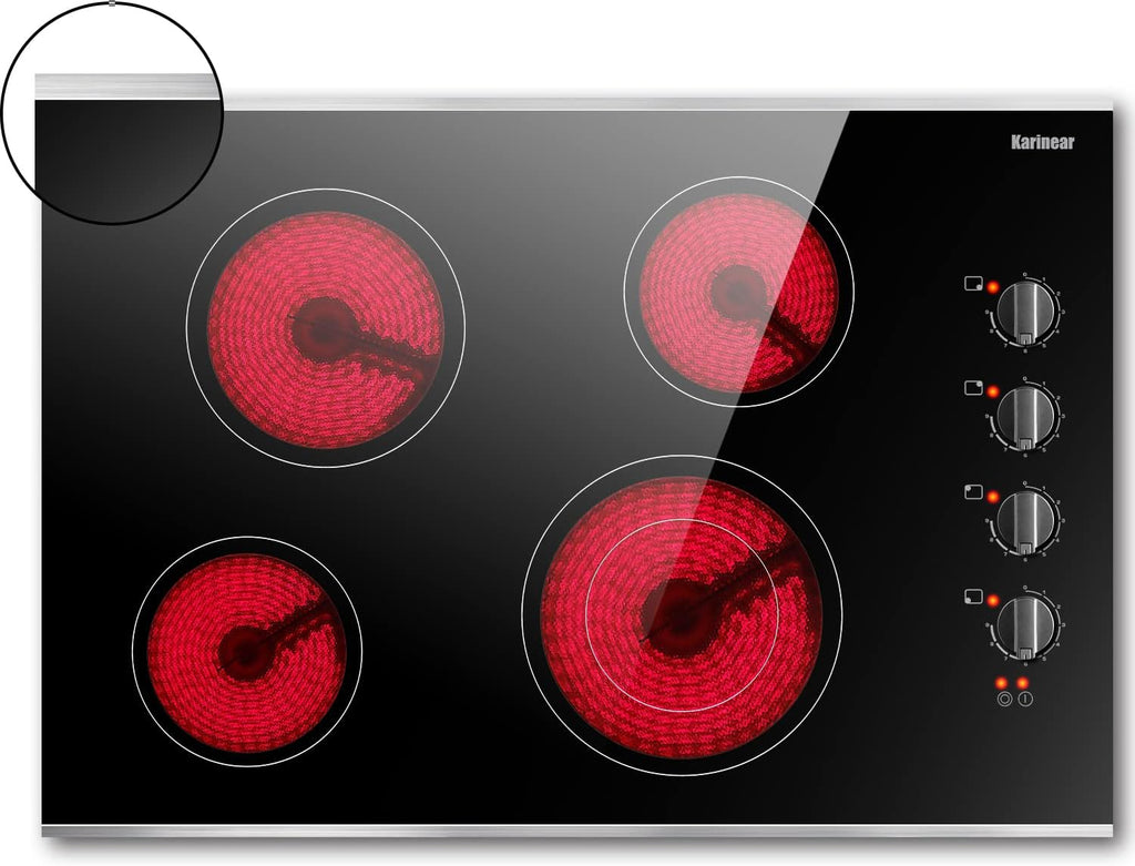 Karinear 30 Inch Electric Cooktop 4 Burners, Knob Control Built-in Ceramic Cooktop, 30' Radiant Electric Stove Top with Glass Protection Metal Frame,Hot Surface Indicator, 220-240v, Hard Wire, No Plug