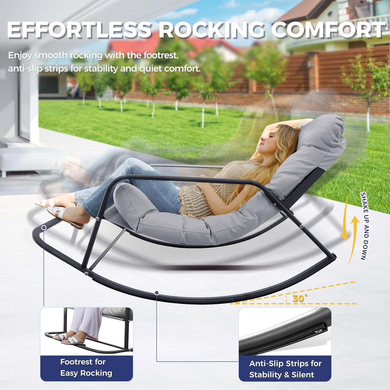 BULEXYARD Grey 2 Pcs Oversized Indoor Outdoor Lounge Royal Rocking Chair with Armrest Footrest for Napping Relaxing, Heavy Duty Patio Reclining Papasan Rocker Chair with Padded Cushion