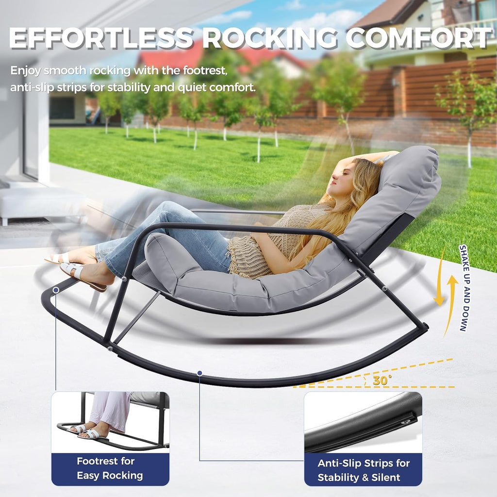 BULEXYARD Grey Oversized Indoor Outdoor Lounge Royal Rocking Chair with Armrest Footrest for Napping Relaxing, Heavy Duty Patio Reclining Papasan Rocker Chair with Padded Cushion for Porch, Sunroom