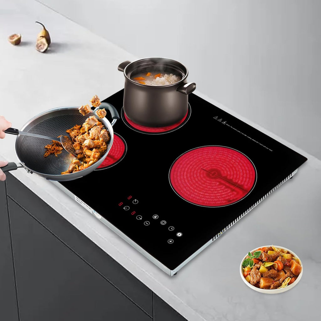 Electric Ceramic Cooktop with Touch Control, 3 Burners Electric Stove with Timer, Child Safety Lock, 2600W 110V 9 Heating Levels Countertop Electric Cooktop, 23.23×20.47in
