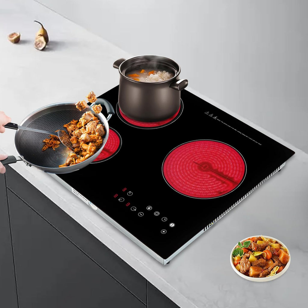 2600W 110V Induction Cooktop 3 Burner Portable Electric Ceramic Cooktop, Countertop Burners Built-In Cooktop Sensor Touch Control Countertop Electric Hot Plate With Kid Safety Lock And Timer, No Plug