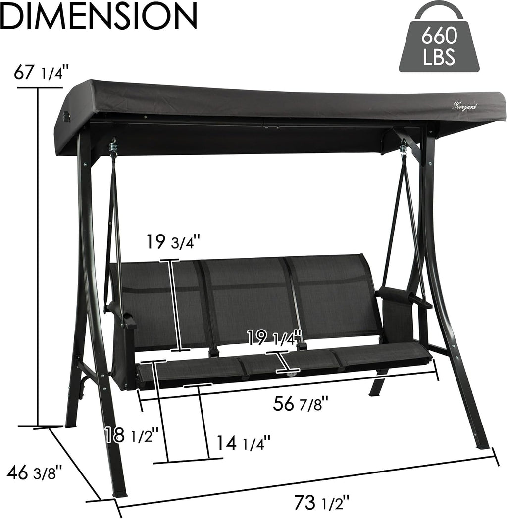 Kozyard Brenda 3-Seat Outdoor Porch Swing Glider, Patio Swing with Adjustable Canopy, Steel Frame, Breathable Textilene Seat & Back, Side Pockets (Gray)