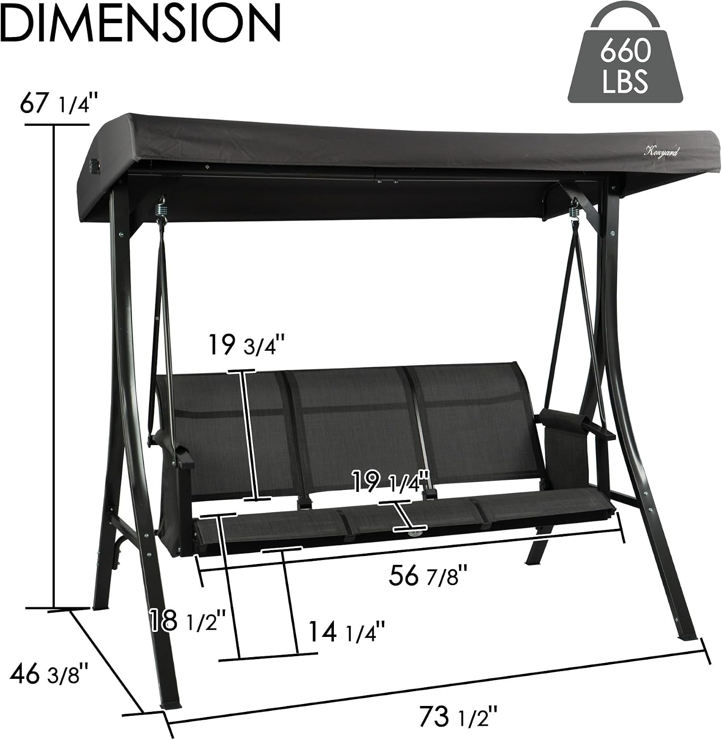Kozyard Brenda 3-Seat Outdoor Porch Swing Glider, Patio Swing with Adjustable Canopy, Steel Frame, Breathable Textilene Seat & Back, Side Pockets (Gray)