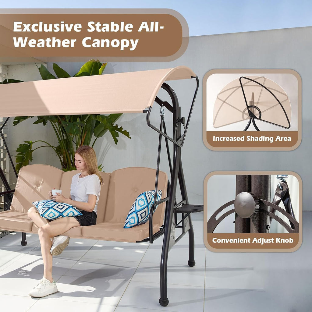 ZZW 800LBS Patio Swing with Canopy 3 Seat Outdoor Porch Swing with Stand w/Cup Holder & Pillow Glider Chair Swing Bed for Patio Backyard Poolside (Khaki)
