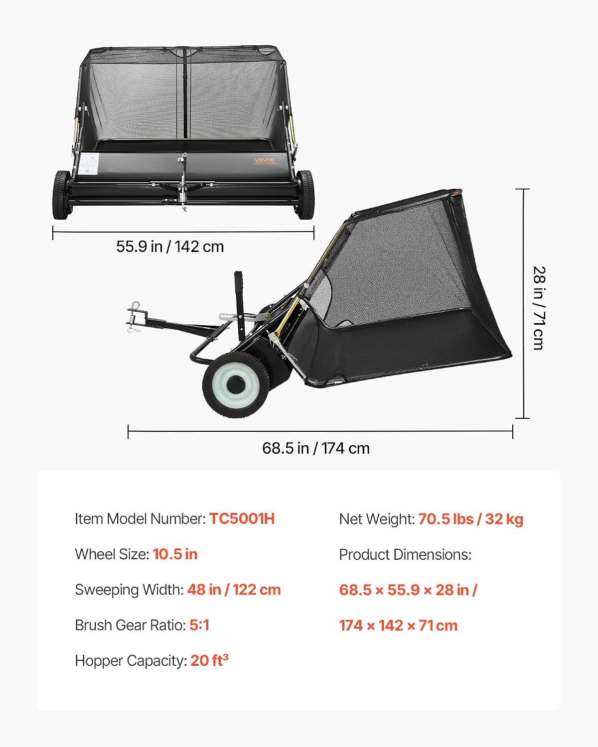 VEVOR Tow Behind Lawn Sweeper, 48 in Pull Behind Yard Sweeper, 26 cu. ft Hopper Bag Capacity, Leaf & Grass Collector with Dumping Rope, Adjustable Sweeping Height, Garden Sweepers for Lawn Farm