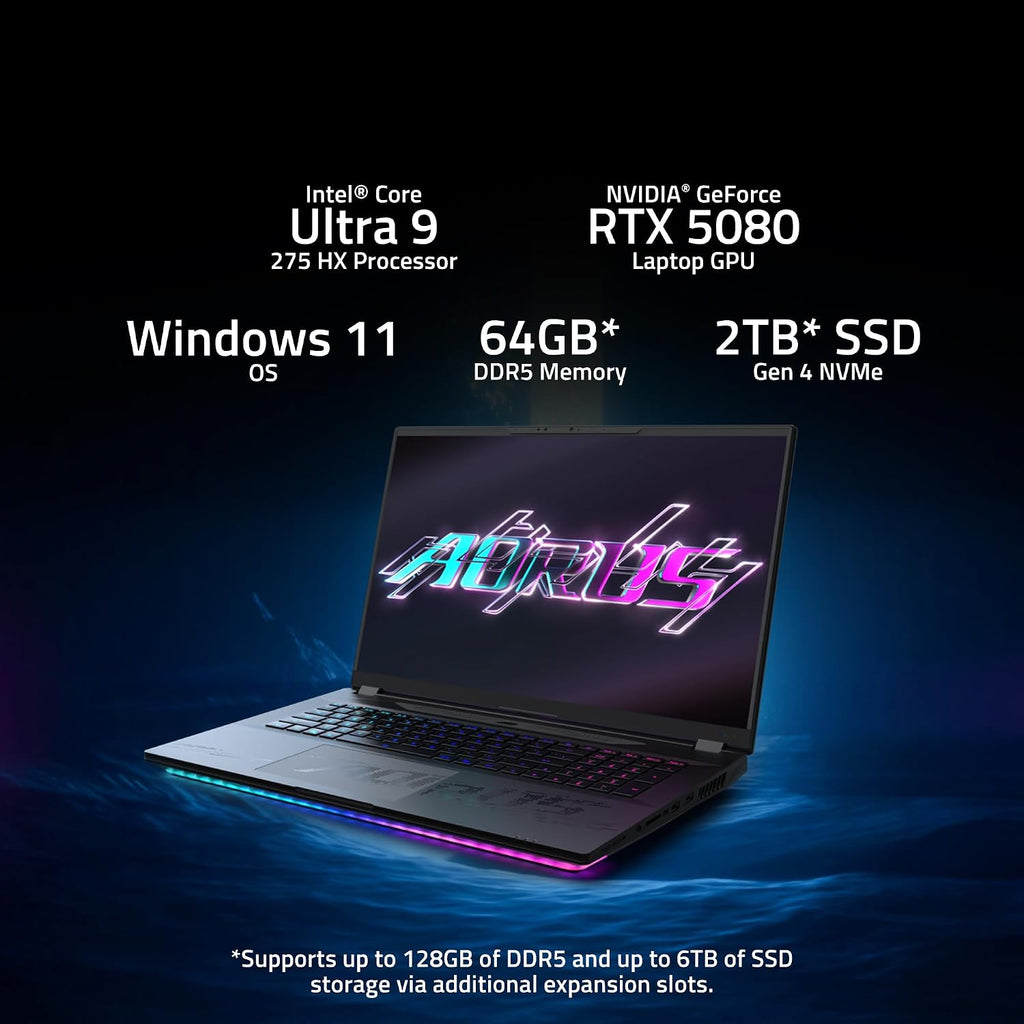 GIGABYTE AORUS Master 18 Gaming Laptop - 240Hz 2560x1600 Mini-LED - NVIDIA GeForce RTX 5080 - Intel Core Ultra 9 275HX - 2TB SSD with 32GB DDR5 RAM - Windows 11 Home AD (AORUS Master 18 BYHC5USD65SH)