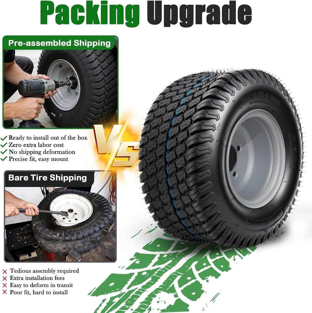 TRIPOWER 20x10.00-8 Lawn Mower Tire and Wheel Assembly, Set of 2, 20x10x8 4PR 1190 lbs Capacity Tubeless Turf Tires with Gray 4-Lug Rim, 4' PCD, for Riding Mowers