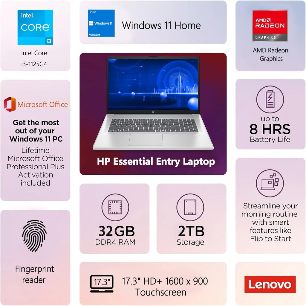 HP 17 Laptop, 17.3' HD+ Display, 11th Gen Intel Core i3-1125G4 Processor, 32GB RAM, 1TB SSD, Wi-Fi, HDMI, Webcam, Windows 11 Home, Silver