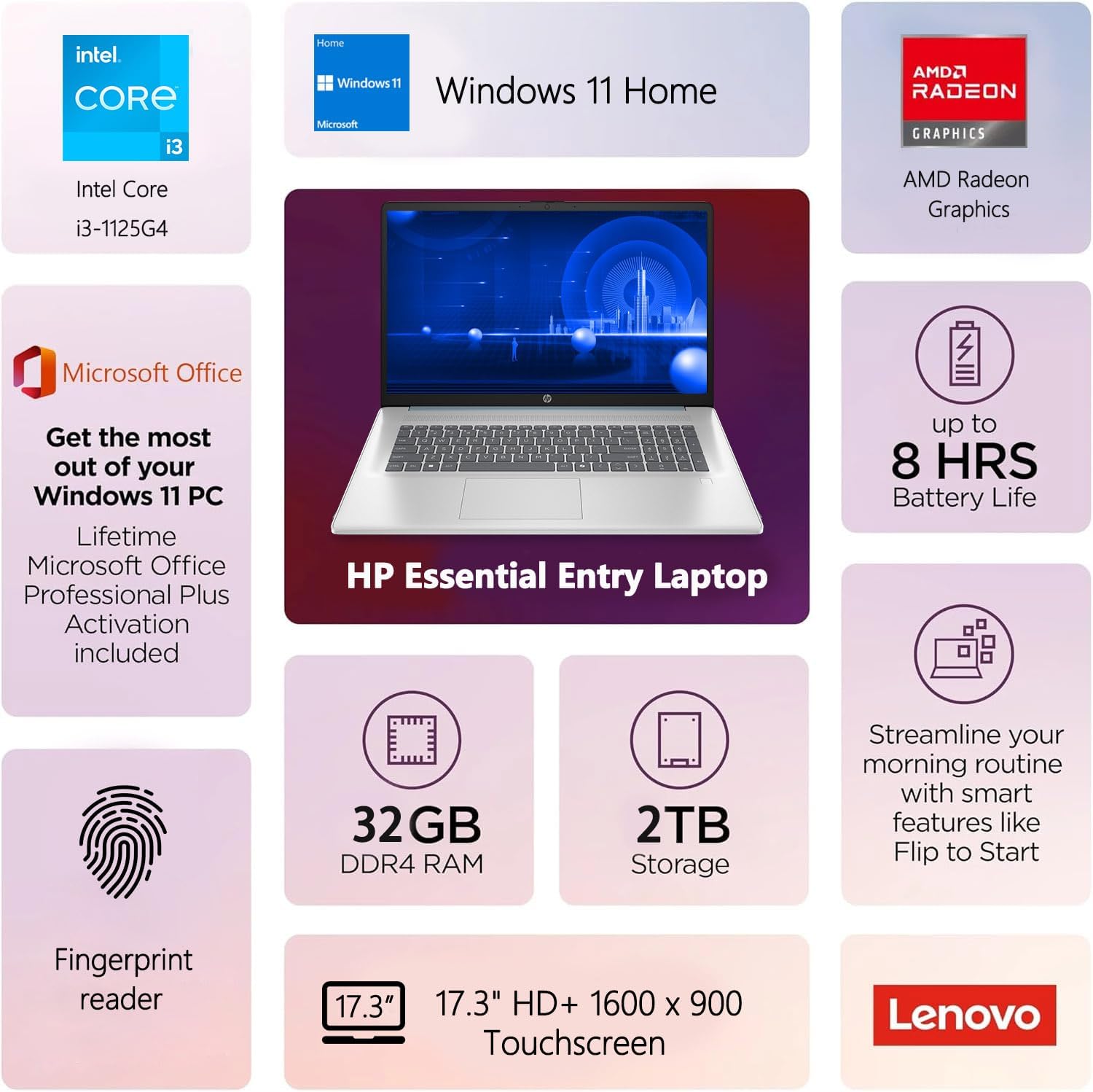 HP 17 Laptop, 17.3' HD+ Display, 11th Gen Intel Core i3-1125G4 Processor, 32GB RAM, 1TB SSD, Wi-Fi, HDMI, Webcam, Windows 11 Home, Silver