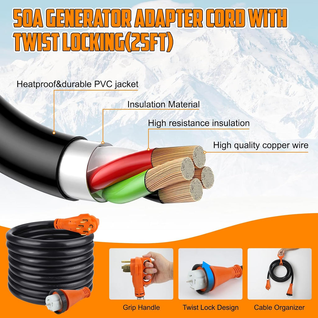 50Amp Generator Cord 25FT and Power Inlet Box,125/250V,4 Prong NEMA 14-50P to SS2-50R Generator Cable with NEMA SS2-50P Pre-Drilled Generator Inlet Box for Generator to House,Waterproof
