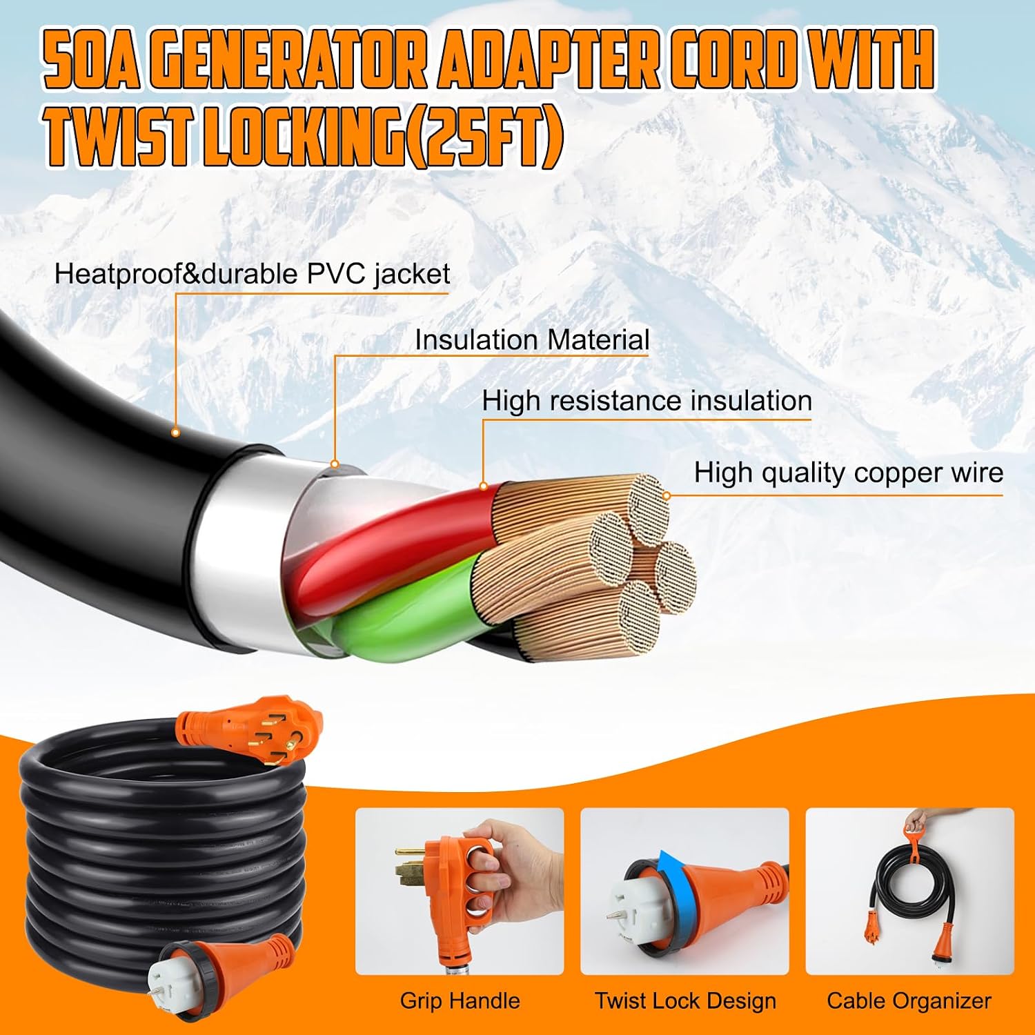 50Amp Generator Cord 25FT and Power Inlet Box,125/250V,4 Prong NEMA 14-50P to SS2-50R Generator Cable with NEMA SS2-50P Pre-Drilled Generator Inlet Box for Generator to House,Waterproof