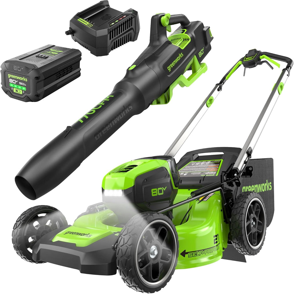 Greenworks 80V 21' Self-Propelled Lawn Mower + Blower (Gen 2), 5.0Ah Battery