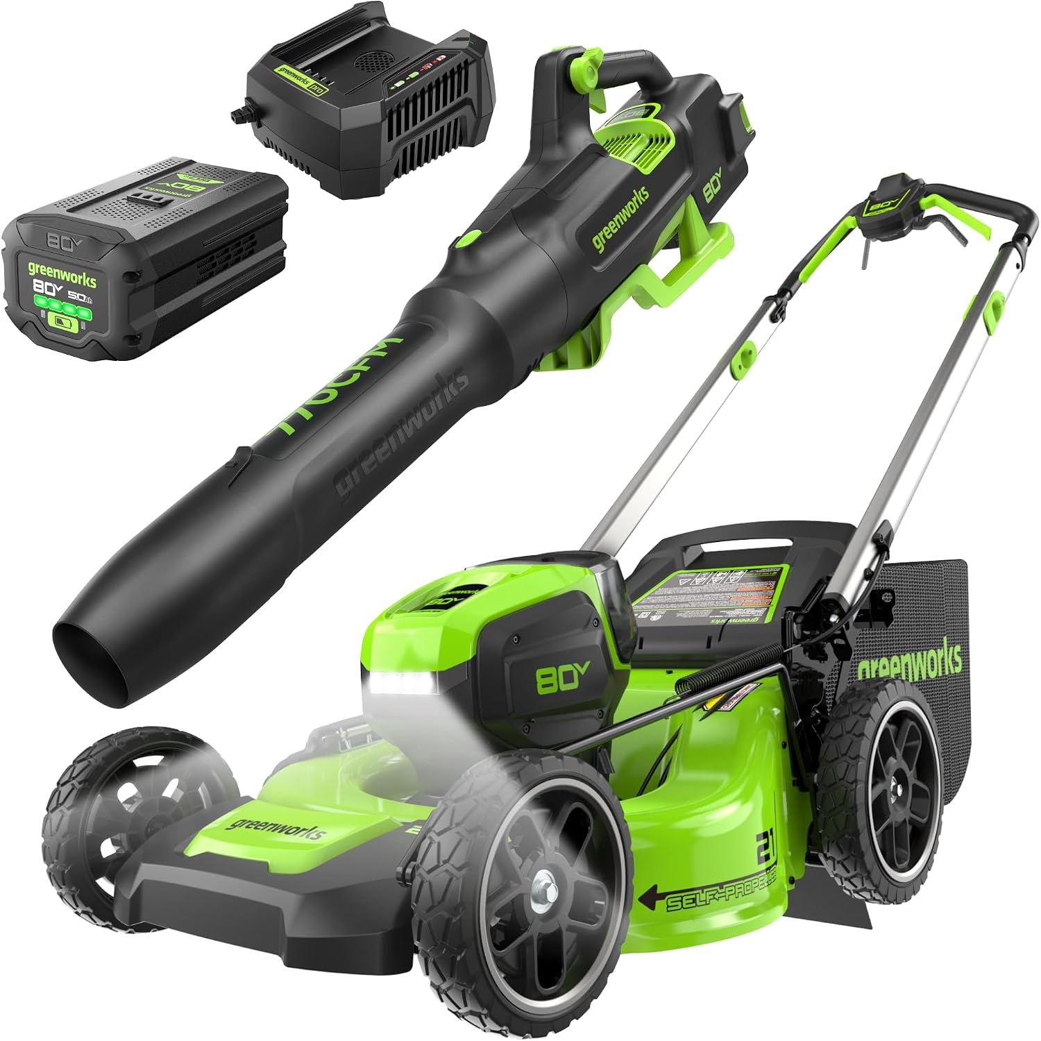 Greenworks 80V 21' Self-Propelled Lawn Mower + Blower (Gen 2), 5.0Ah Battery