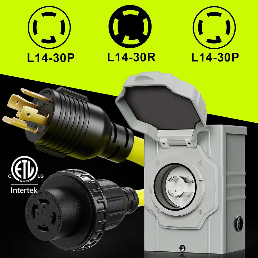 30 Amp Generator Cord 50FT and Power Inlet Box, NEMA L14-30P/L14-30R 125/250V Twist Lock Connector with Pre-Drilled NEMA L14-30P Generator Inlet Box for Generator to House, ETL Listed