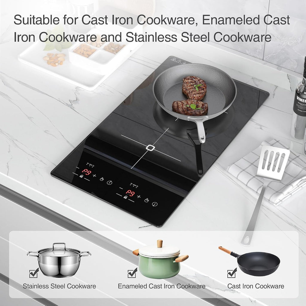 VBGK Double Induction Cooktop, 2300W 110V Portable Induction Cooktop with LED Touch Screen 9 Levels Settings,Electric cooktop with Child Safety Lock & Timer 2 burner