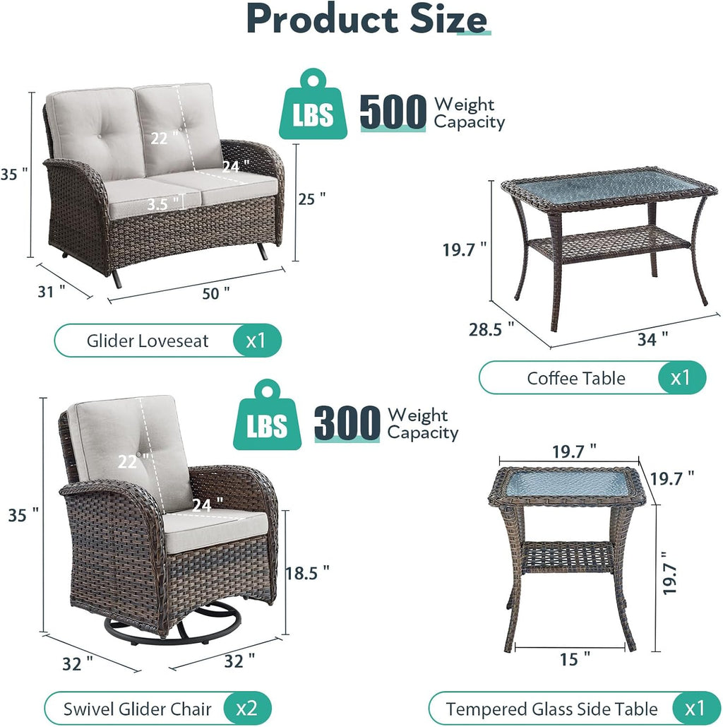 5 Piece Patio Furniture Set - Wicker Patio Conversation Set with Swivel Glider, Glider Loveseat, Tempered Glass Side Table and Coffee Table for Deck Backyard - Brown Wicker Beige Cushion