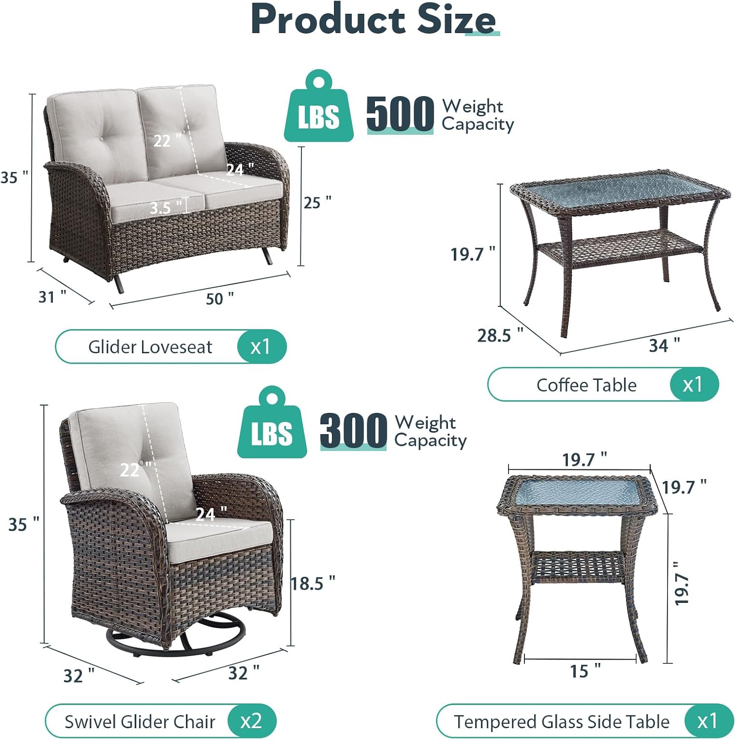 5 Piece Patio Furniture Set - Wicker Patio Conversation Set with Swivel Glider, Glider Loveseat, Tempered Glass Side Table and Coffee Table for Deck Backyard - Brown Wicker Beige Cushion