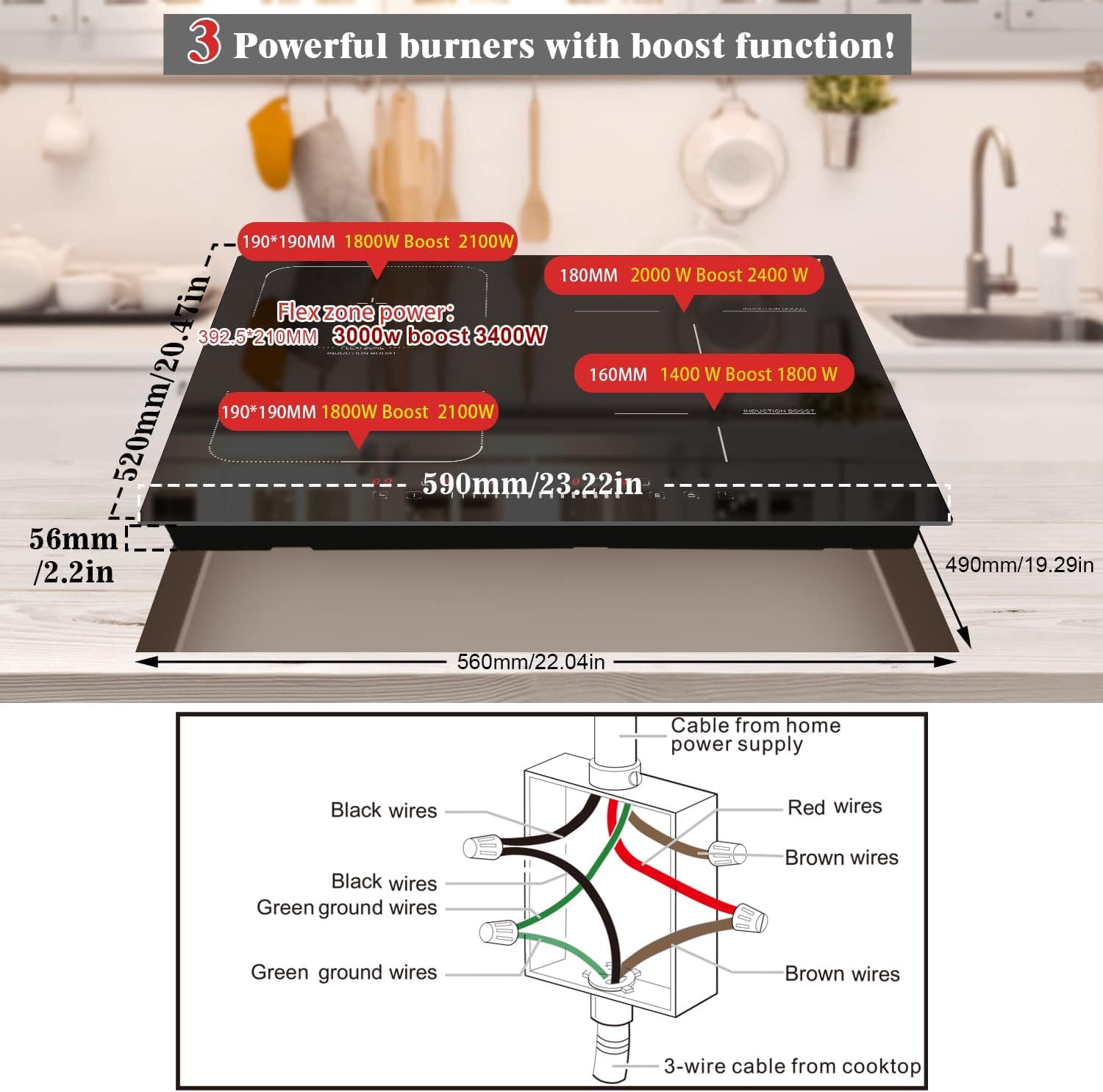 Karinear Induction Cooktop 4 Burner, 7400W 24'' Built-in Induction Stovetop with Flex Zone,Child Safety Lock, Timer, Boost, Slider Control Black Glass Electric Cooktop 240V Hard Wire(come with a pot)