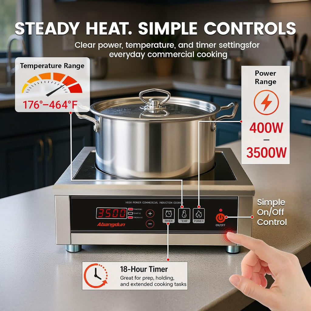 3500W Commercial Induction Cooktop, 240V Single Induction Burner with 18-Hour Timer, High-Efficiency Induction Heater for Restaurant & Catering