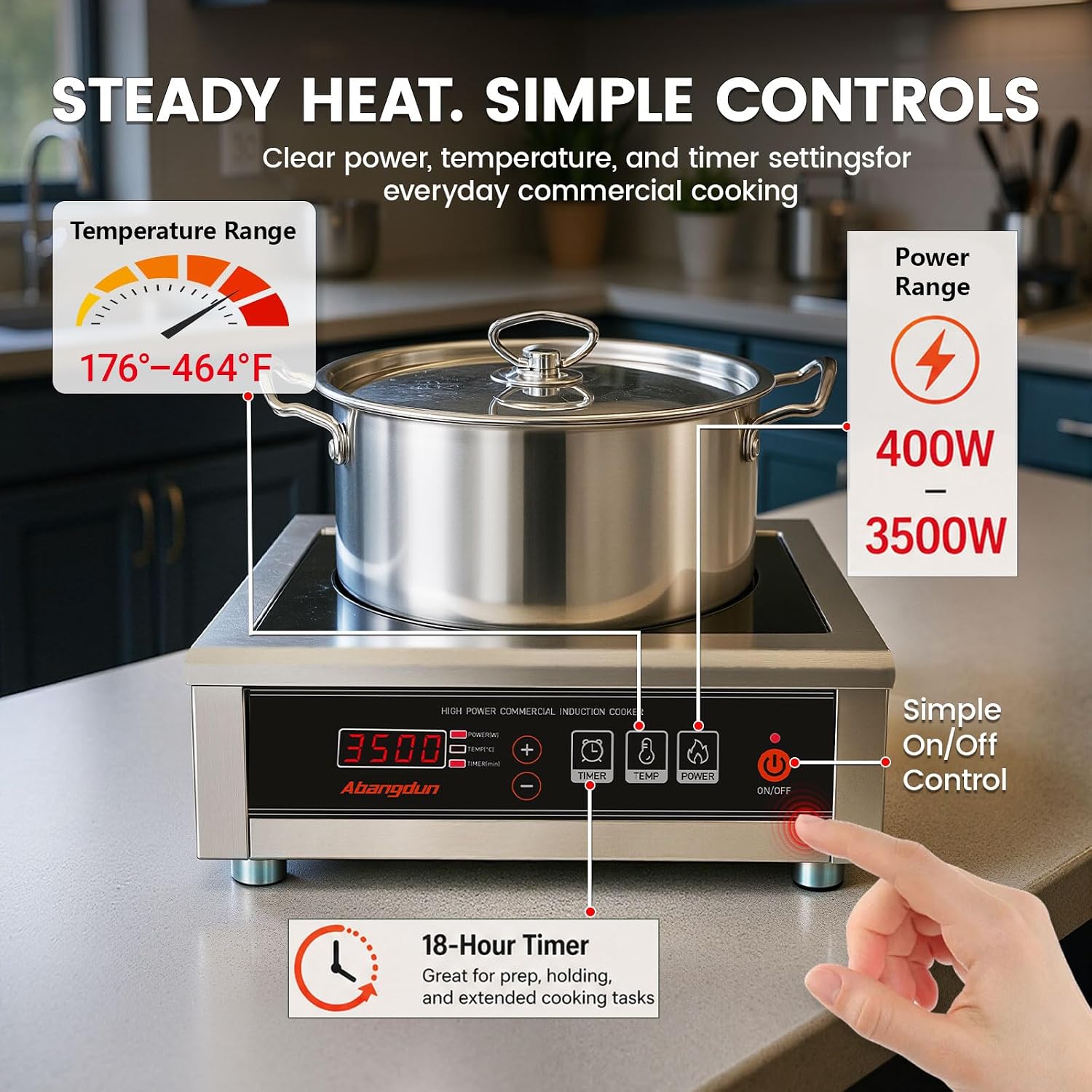 3500W Commercial Induction Cooktop, 240V Single Induction Burner with 18-Hour Timer, High-Efficiency Induction Heater for Restaurant & Catering