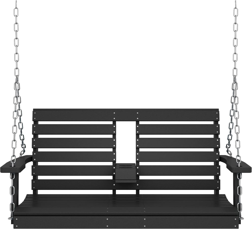 KINGYES Outdoor Hanging Patio Swing Chair, 2 Seat Swing with Cup Holders, Waterproof Bench for Courtyard & Garden, 660LBS Weight Capacity, Black
