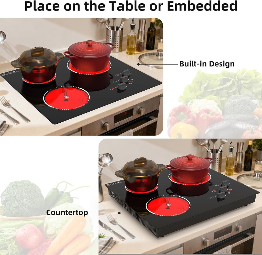 VBGK Electric Cooktop,24 inch 220V Electric Stove Top,Touch and Knob Control,LED,9 Power Levels, Kids Lock &Timer,Overheat Protection,5000W 3 burner cooktop.