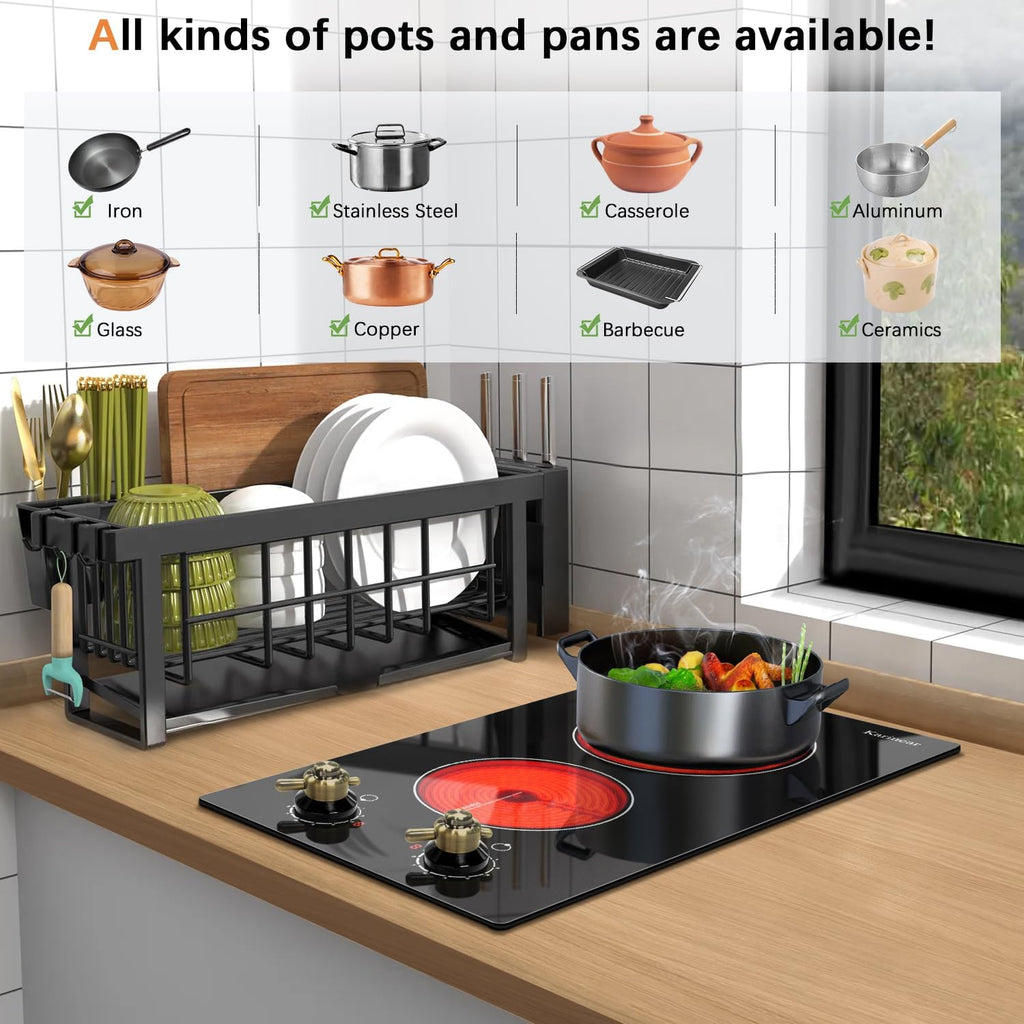 Karinear 110V Electric Cooktop 2 Burners Electric Stove 12 Inch Knob Control Countertop & Built-in Ceramic Cooktop, 9 Heating Level, Hot Warning, Over-Temperature Protection(Gold Knob)