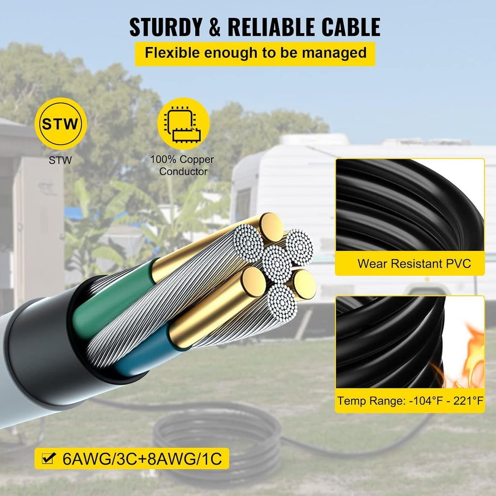 VEVOR 30 FT 50 Amp Generator Extension Cord STW 6/3 + 8/1, 125V 250V Generator Power Cord N14-50P & SS2-50R & CS6364 Twist Lock Connectors