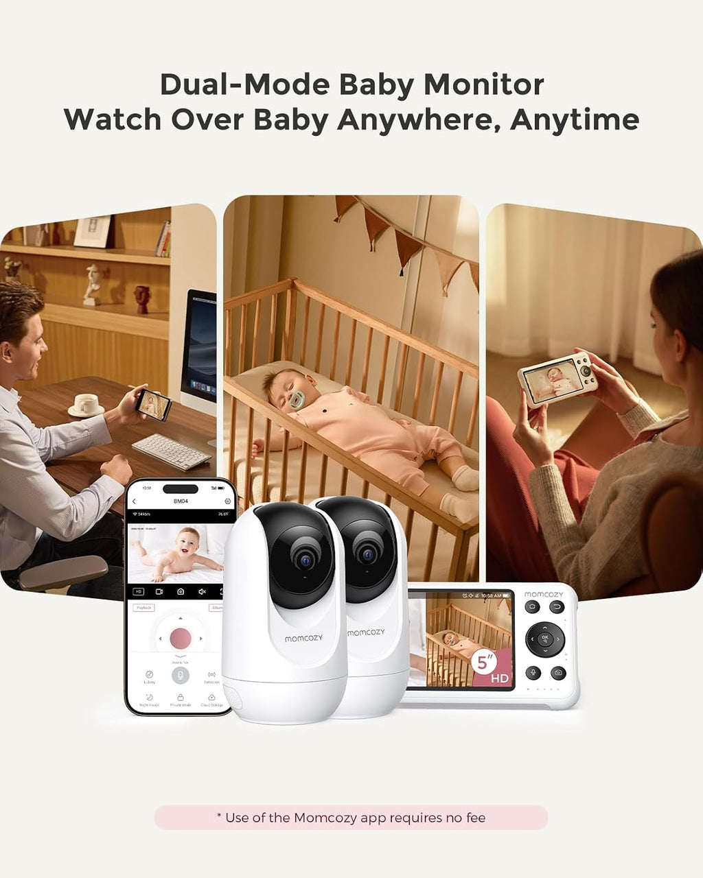 Momcozy BM04 Smart WiFi Baby Monitor with 2 Cameras, 5' 1080P Split Screen Video Baby Monitor with Camera and Audio, Motion Detection, Electric Fence, Clear Night Vision, 2-Way Audio, 5000mAh Battery