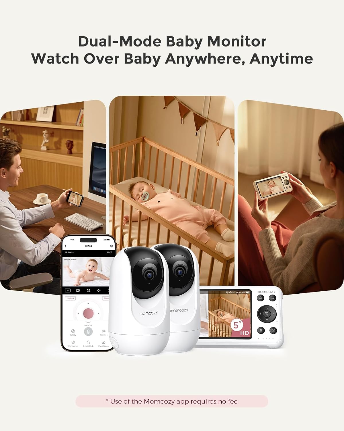 Momcozy BM04 Smart WiFi Baby Monitor with 2 Cameras, 5' 1080P Split Screen Video Baby Monitor with Camera and Audio, Motion Detection, Electric Fence, Clear Night Vision, 2-Way Audio, 5000mAh Battery