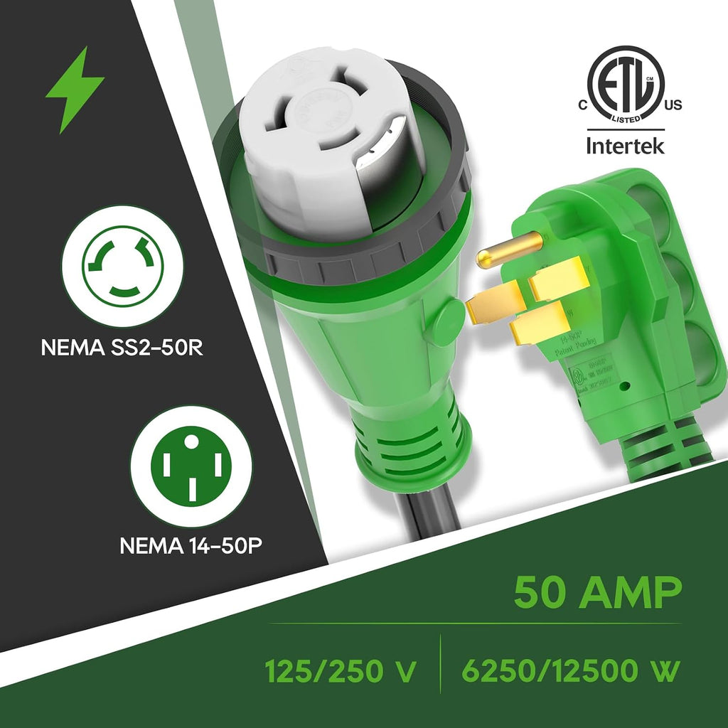 RVGUARD 50 Amp 50 Foot RV Power Cord with Reverse Polarity Indicator, 14-50P to SS2-50R Generator Extension Cord, Heavy Duty STW Cord with LED Power Indicator and Cord Organizer, Green, ETL Listed