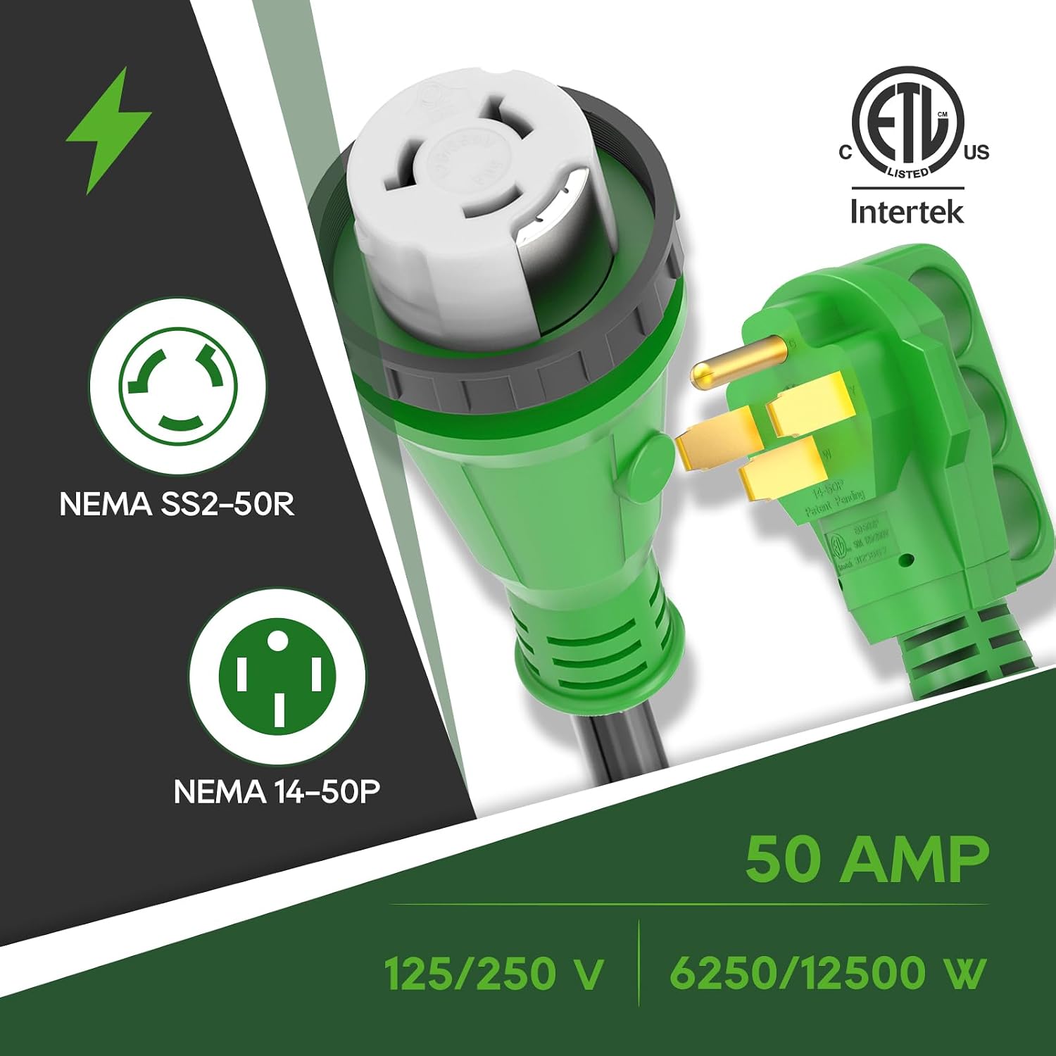 RVGUARD 50 Amp 50 Foot RV Power Cord with Reverse Polarity Indicator, 14-50P to SS2-50R Generator Extension Cord, Heavy Duty STW Cord with LED Power Indicator and Cord Organizer, Green, ETL Listed