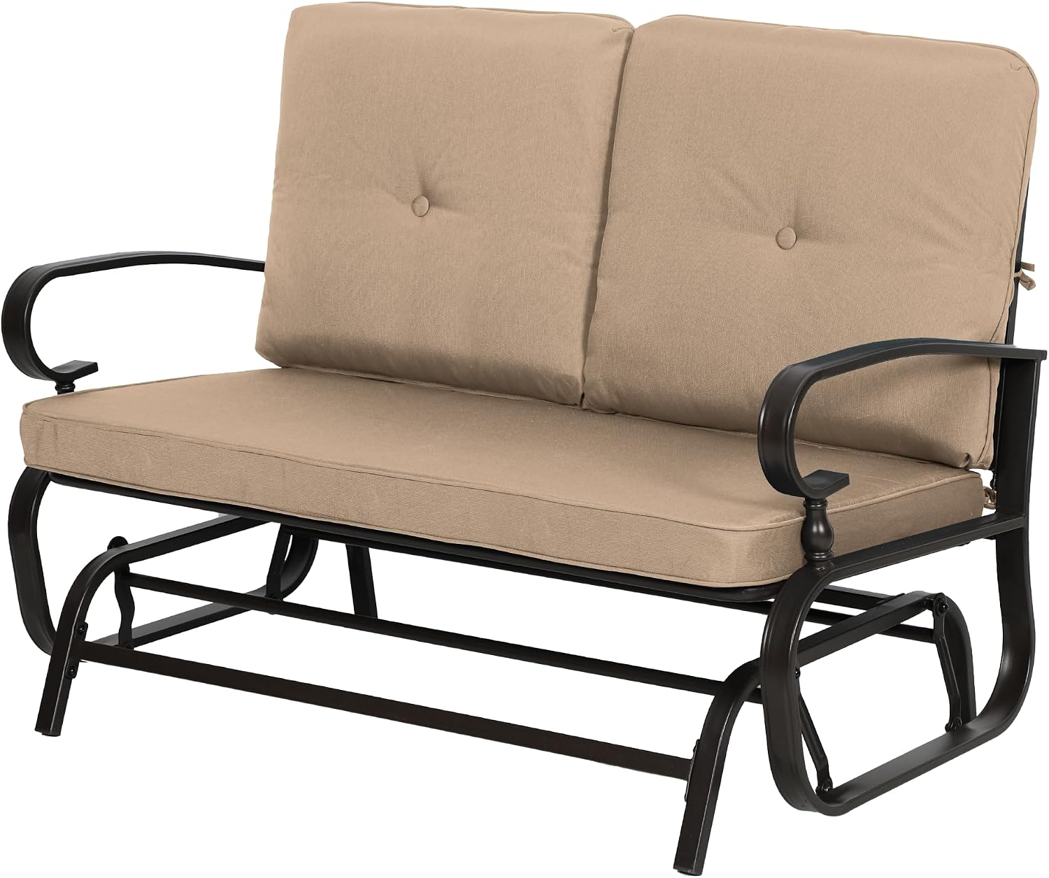 Outdoor Bench Patio Swing Glider Loveseat 2 Seats Rocking Chair, Wrought Iron Gliders for Outside Patio with Cushion (Brown)