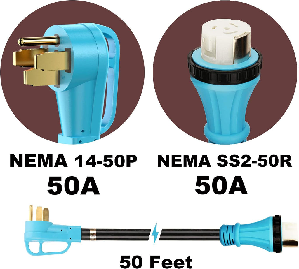 CircleCord UL Listed 50 Amp 50 Feet RV/Generator Cord with Locking Connector, Heavy Duty 6/3+8/1 Gauge STW Wire, 14-50P Male and SS2-50R Twist Locking Female for RV Camper and Generator to House