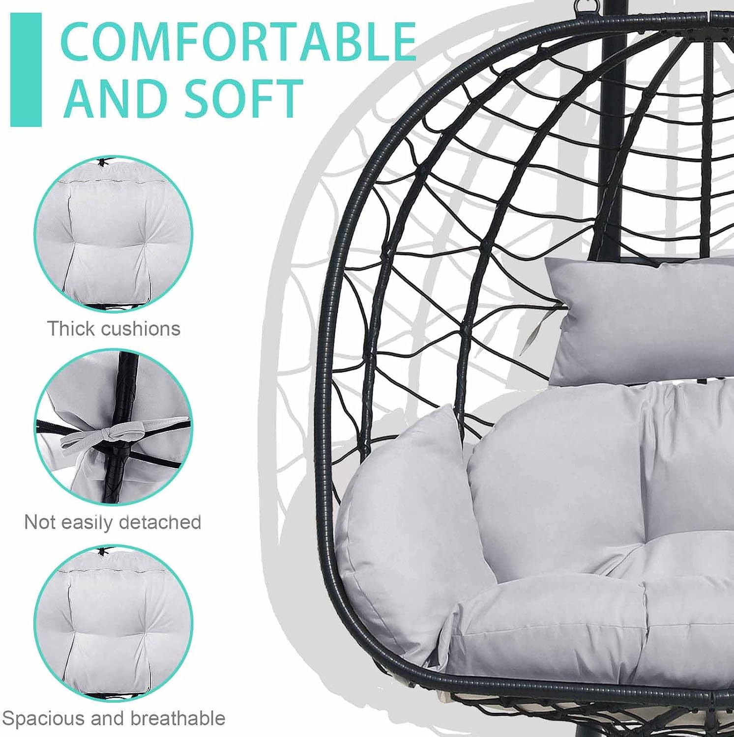 Hanging Egg Chair with Stand Indoor Swinging Chair Outdoor Hammock Egg Chair for Patio, Bedroom, Garden and Balcony (Gray+Black, Large)