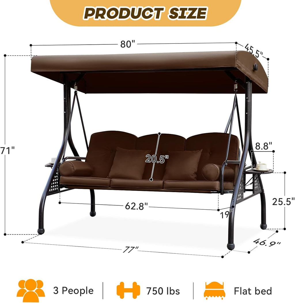 3 in 1 Outdoor Porch Swing with Adjustable Canopy, 3 Seat Outdoor Swing for Adults, Patio Swing Chair with Thickened Cushions,Pillows & Cup Holders for Backyard, Porch, Garden (Brown)