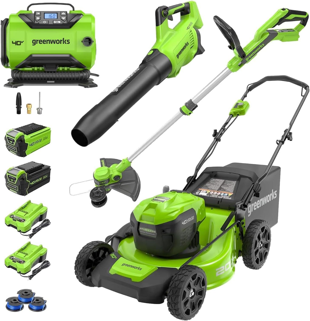 Greenworks 40V 20' Cordless Push Lawn Mower with Axial Leaf Blower(500 CFM / 120 MPH), 12' String Trimmer, 160 PSI Portable Tire Inflator, Includes 2 Batteries(5Ah+2Ah) & Chargers