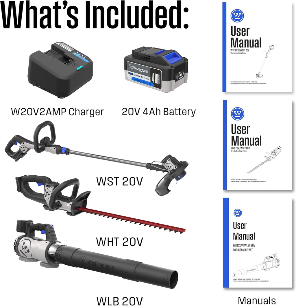 Westinghouse 20V Cordless Leaf Blower, 350 CFM, 110 MPH + 22' Cordless Hedge Trimmer, Dual-Action Steel Blades + 2-in-1 Cordless String Trimmer & Edger, 12' Cutting Path with 4.0Ah Battery & Charger