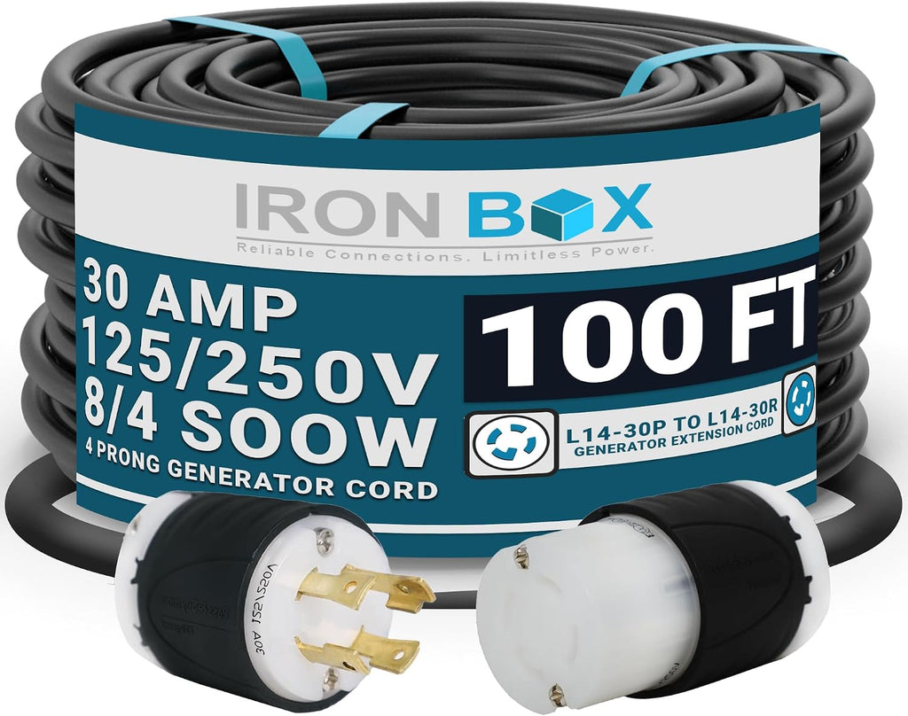 IronBox Electric - Heavy-Duty NEMA L14-30 Generator Extension Cord - L14-30P Plug to L14-30R Connector - Rated for 30 Amps 125/250V 8/4 SOOW 4 Prong Generator Cord -Power Cable for Generators(100 ft)