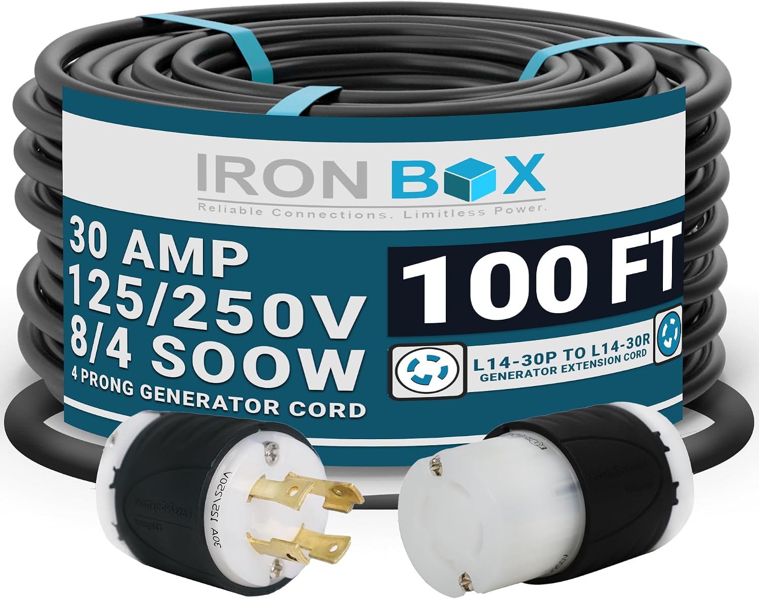 IronBox Electric - Heavy-Duty NEMA L14-30 Generator Extension Cord - L14-30P Plug to L14-30R Connector - Rated for 30 Amps 125/250V 8/4 SOOW 4 Prong Generator Cord -Power Cable for Generators(100 ft)
