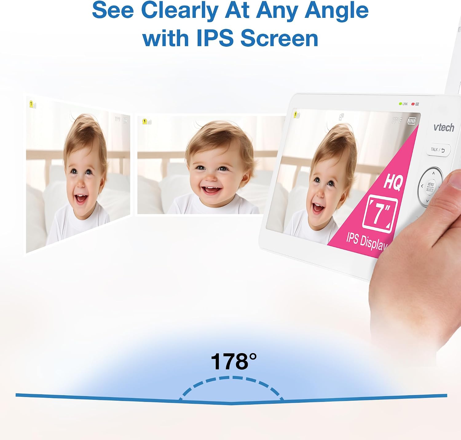 VTech Advanced HQ Max Twin 7' Digital Video 2-Cameras Baby Monitor with Pan Tilt Zoom, Long Battery Life 5000mAh, IPS Screen, Adaptive Multi-Color Night Light, 2-Way Talk, HQ Display, No WiFi, White