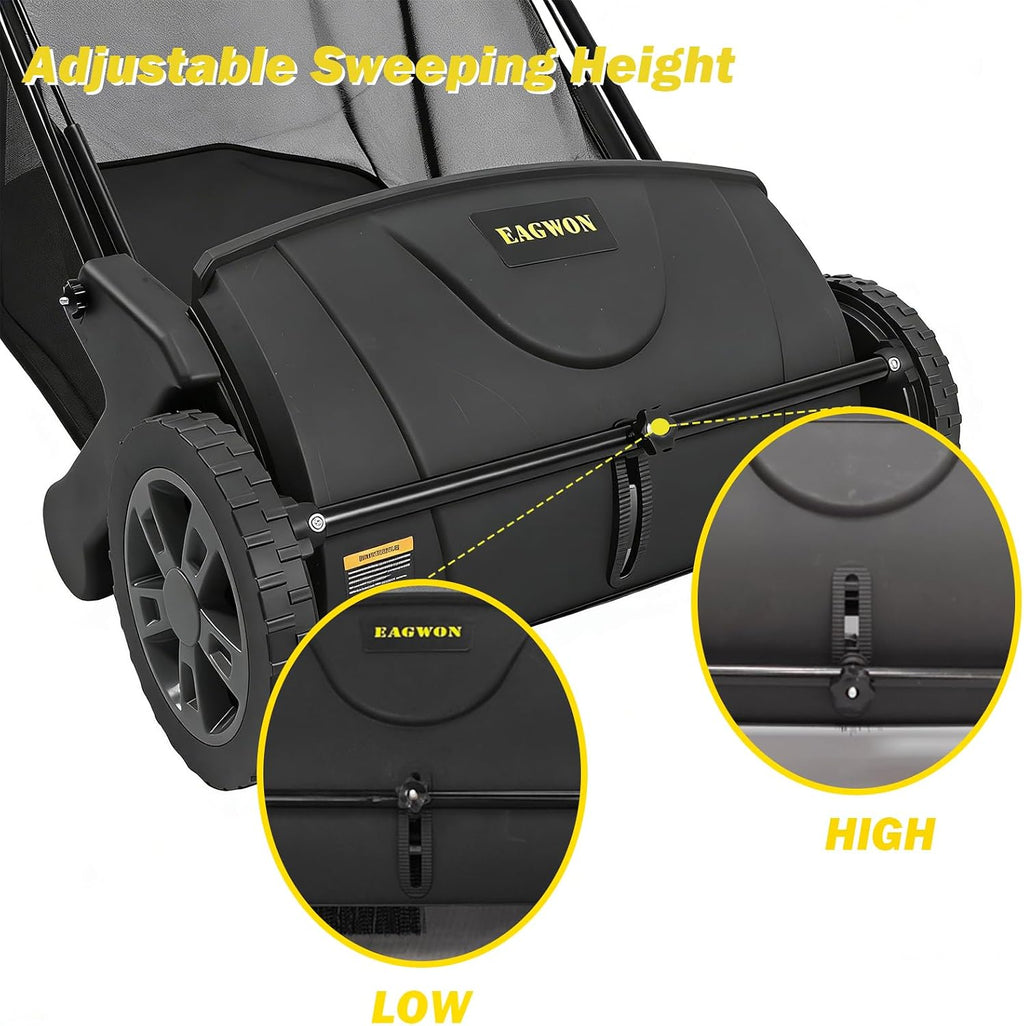 Push Lawn Sweeper, 21-Inch Width, 3.5 Cu. Ft. Hopper Capacity, 4 Spinning Brushes, Adjustable Height, Durable Steel Frame with Rubber Wheels, Black