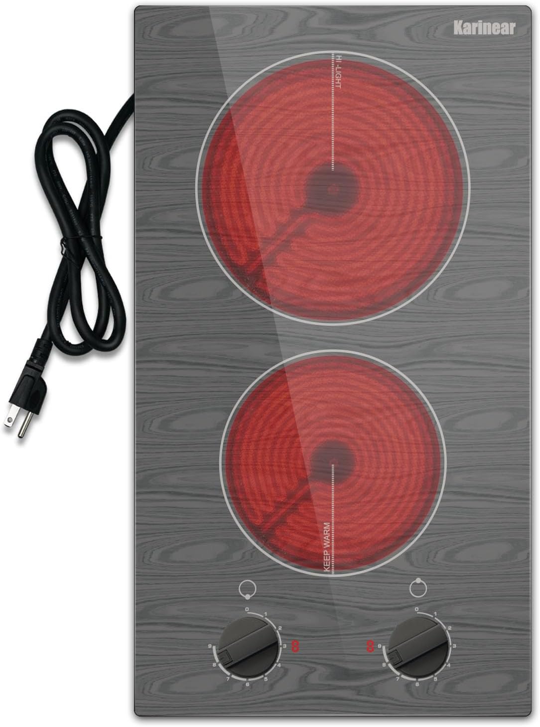Karinear Electric Cooktop 2 Burners, 110v Portable Electri Stove Top with Knob, Glass Cooktop, Beautiful Woodgrain Pattern, Built-in and Countertop Electric Ceramic Cooktops, 12 Inch, 110v Outlet Plug