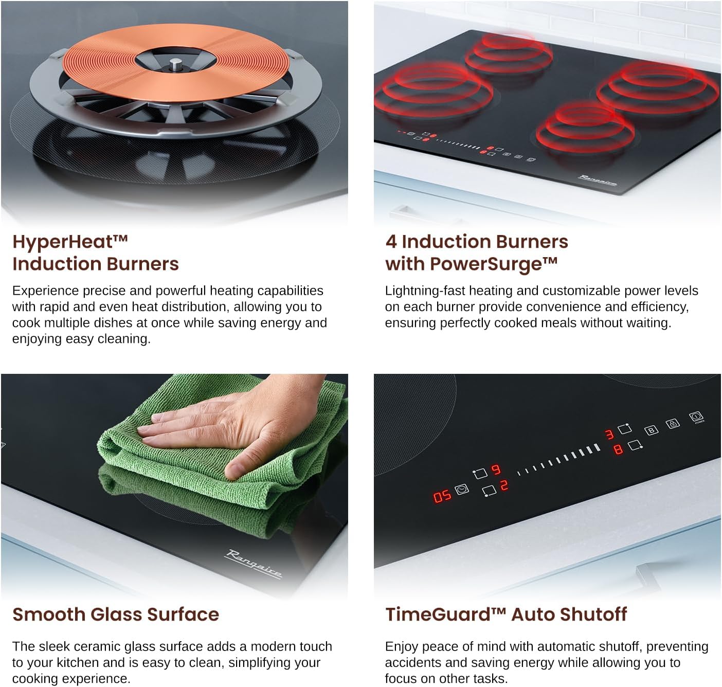 Rangaire RCI241S 24' Induction Cooktop, 6700W, 4 Burners, Built-in Stove Top, Booster & Timer, 9 Power Levels, Slide Touch Control, Child Safety Lock, 240V Hard Wire, Ceramic Surface