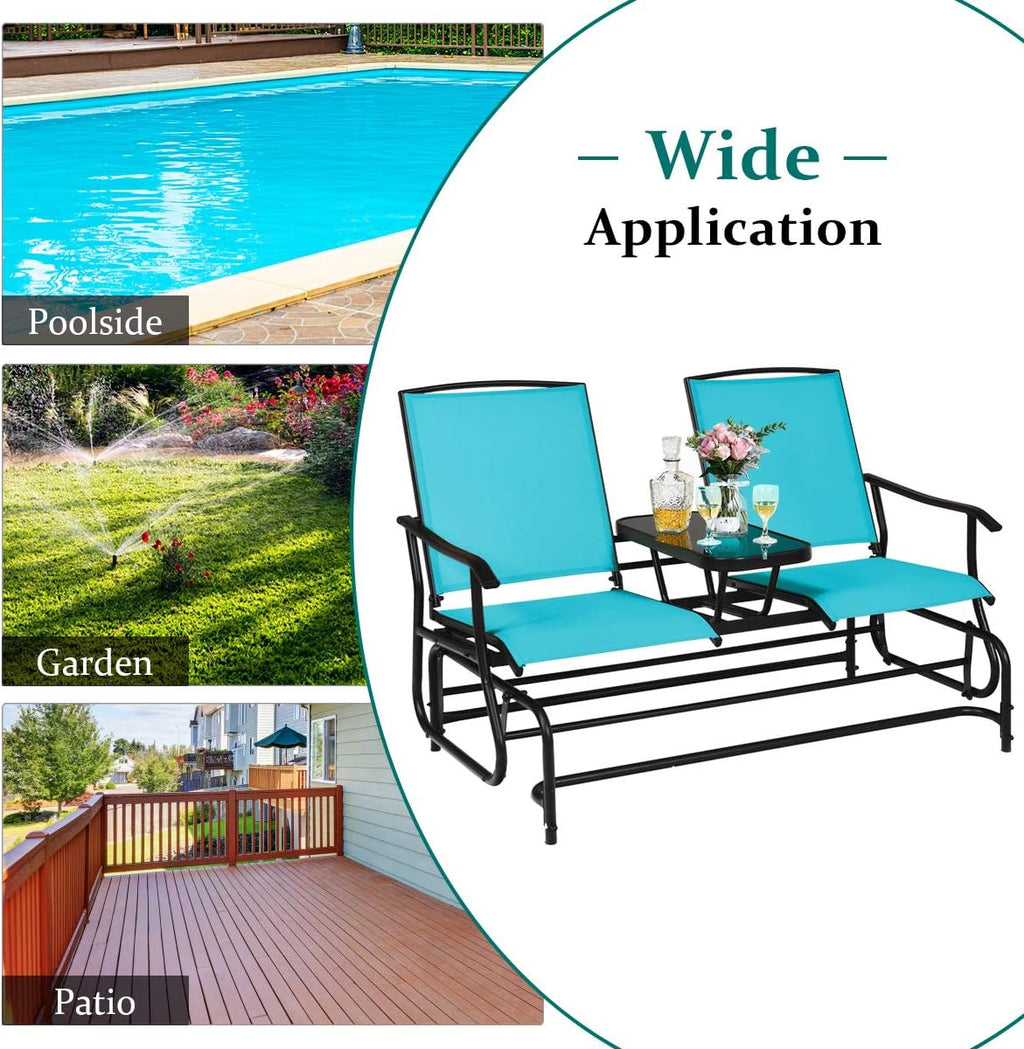 Giantex Patio Bench Glider Chair with Metal Frame, Center Tempered Glass Table, Outside Double Rocking Swing Loveseat for Porch, Garden, Poolside, Balcony, Lawn Rocker Outdoor Glider Bench(Turquoise)