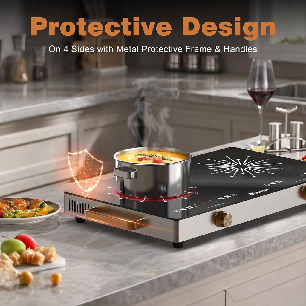 2 Burner Electric Cooktop 110V - 24 Inch(22.2'x 13.07') Countertop Electric Stove with Handles 2000W, Two Burner Ceramic Burner with Touch and Knob Control, Timer, Safety Lock, 120V Plug in