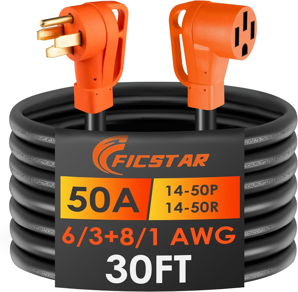 30FT 50 Amp RV Extension Cord Outdoor with Grip Handle, 125/250V, 12500W, 4 Prong, Heavy Duty 6/3+8/1 Gauge STW, NEMA 14-50P to 14-50R with Cord Organizer, UL&ETL Listed