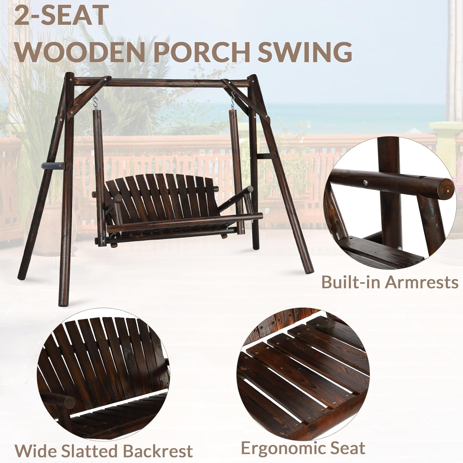 2-Seat Porch Swing, Wooden Log Patio Swings Chair Bench with Stand, Rustic Hardwood Swing Chair with Curved Back, Wood Seating Porch Swings for Outside Yard, Garden, Deck, Poolside, Carbonized