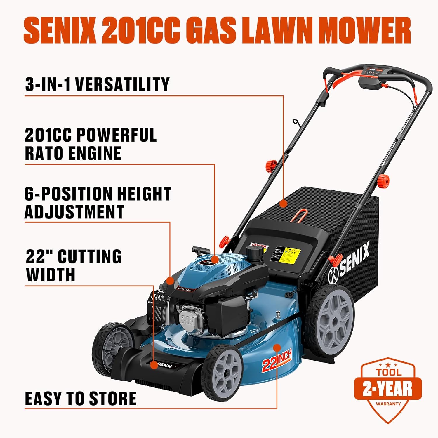 SENIX 22 Inch Gas Lawn Mower, 201cc 4-Cycle OHV Engine, Variable Speed Rear Wheel Self-Propelled Mower, 3-in-1 Mower with Bagging, Mulching & Side Discharge, 6-Positions Adjustable Cutting Height